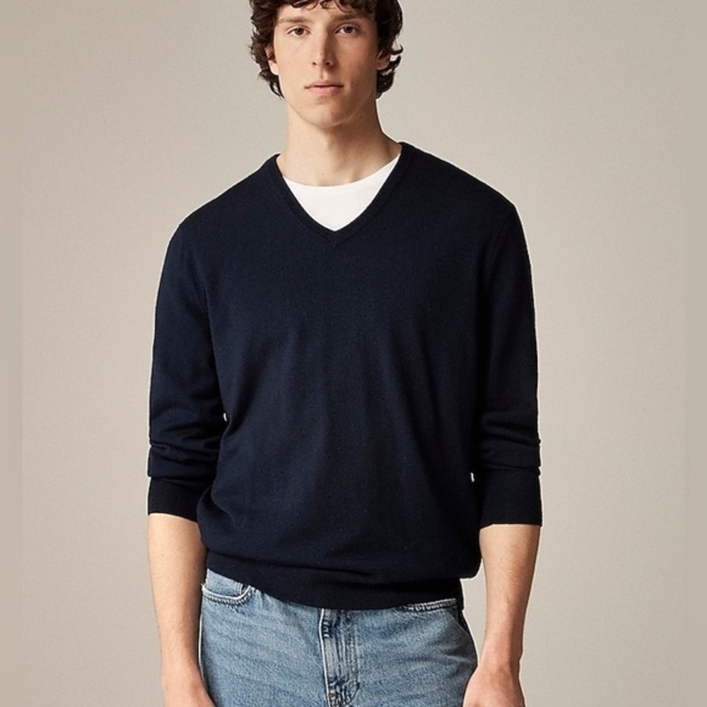 J. Crew Navy Blue Merino Wool Blend Slim Fit V-Neck Sweater Size Large